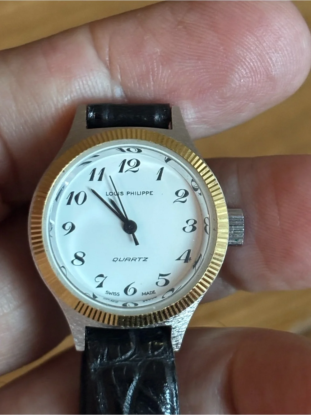 Vintage Louis Philippe White Dial Watch with Gold Bezel and Black Strap 1970 !
